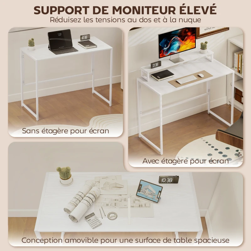 HOMCOM Bureau d'ordinateur pliable avec support d'écran, pour chambre, petits espaces, 100 x 48 x 87,5 cm, blanc