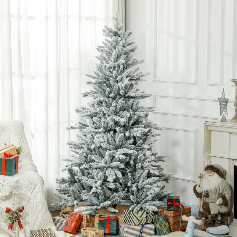 HOMCOM Weihnachtsbaum 180 cm, schneebedeckt, flammhemmend, Metallfuß, formbare Äste, Grün