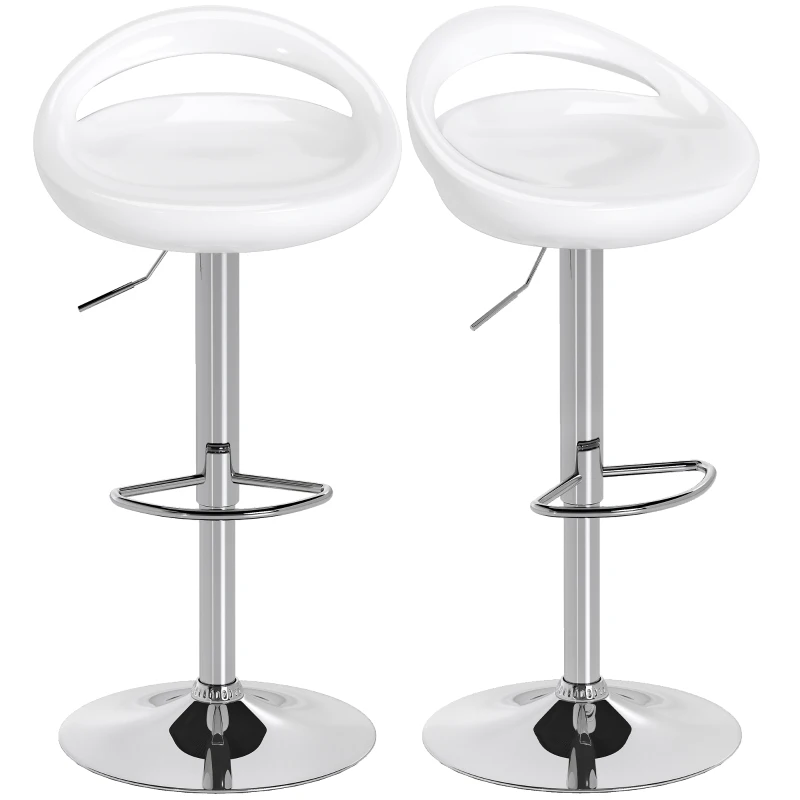 HOMCOM Set 2 Scaune de Bar Rotative cu Suport pentru Picioare, Înălțime Reglabilă, Bază din Oțel, Șezut ABS, Alb