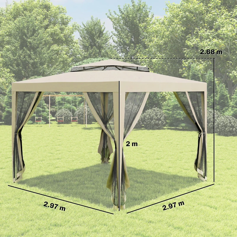Outsunny Pavilion de Grădină 3x3m cu Plasă de Țânțari, Acoperiș Dublu și Cadru din Metal, Bej