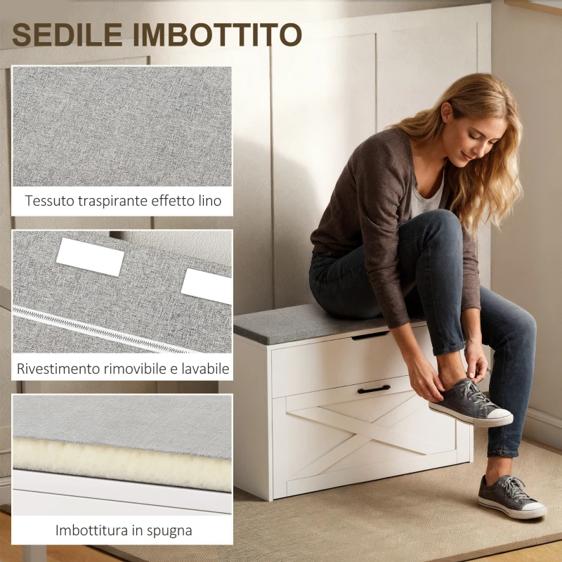 HOMCOM Panca Scarpiera con Cassetto Ribaltabile e Contenitore, Capacità 6 Paia di Scarpe, 80x30x55 cm, Bianco