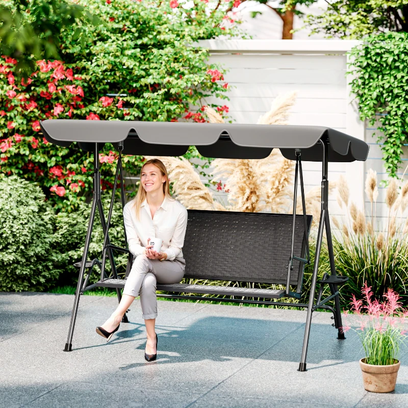 Outsunny Balansoar de Grădină 3 Locuri din Ratan PE cu Acoperiș Reglabil și Suporturi pentru Pahare, Balansoar de Exterior cu Cadru din Oțel, Capacitate 320 kg, 204x112x150 cm, Gri