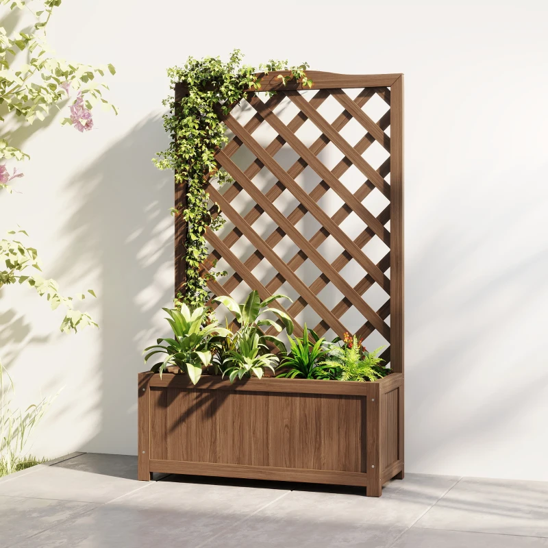 Outsunny Jardinière avec treillis, bac à fleurs, pour plantes grimpantes, légumes, fleurs, en bois massif, 70x28x117cm café foncé