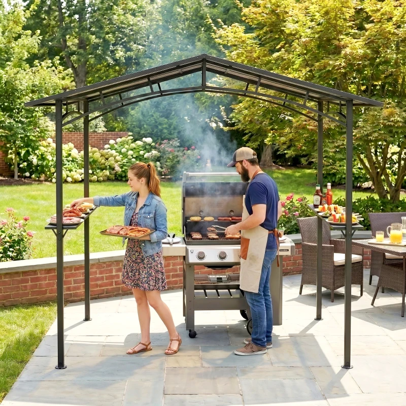 Outsunny 246 x 149cm Outdoor BBQ Protective Gazebo Tent Aluminium Steel Frame w/ 2 Shelves Hardtop Roof Canopy Ground Stakes Safe Cooking