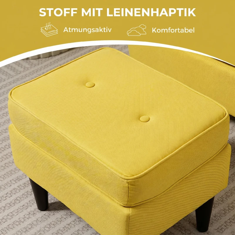 HOMCOM Ohrensessel mit Fußhocker, Polstersessel mit Kautschukholzbeinen, Stoffbezug, Gelb