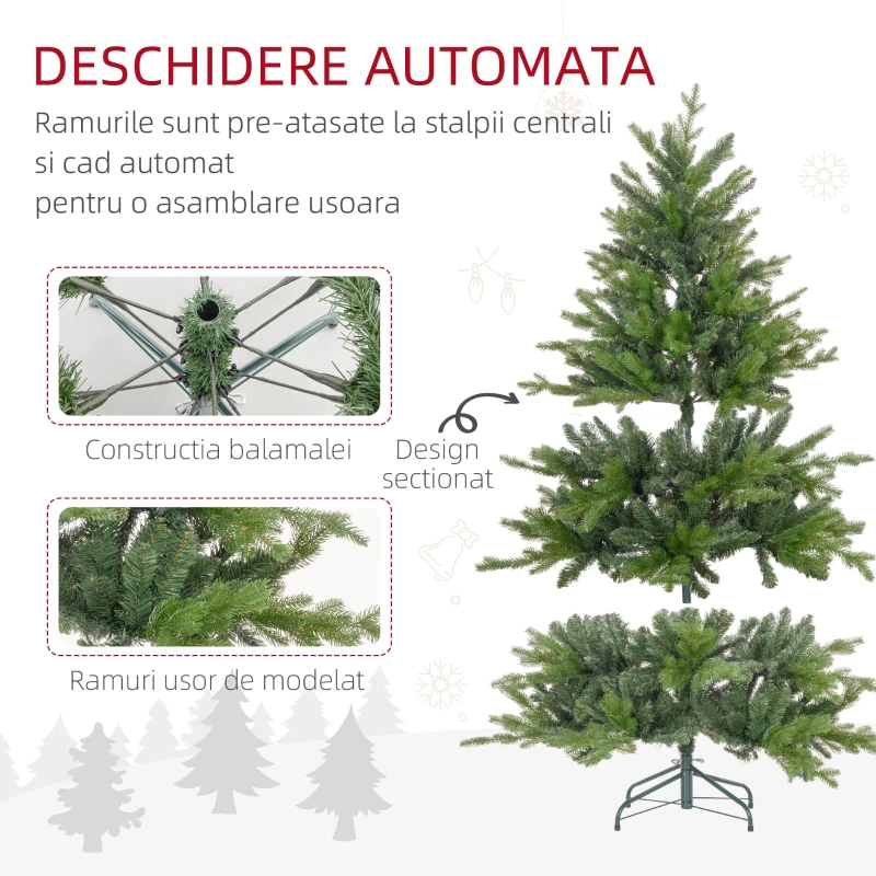 HOMCOM Brad de Crăciun 150 cm din plastic verde cu bază din metal și 1309 crengi ignifuge