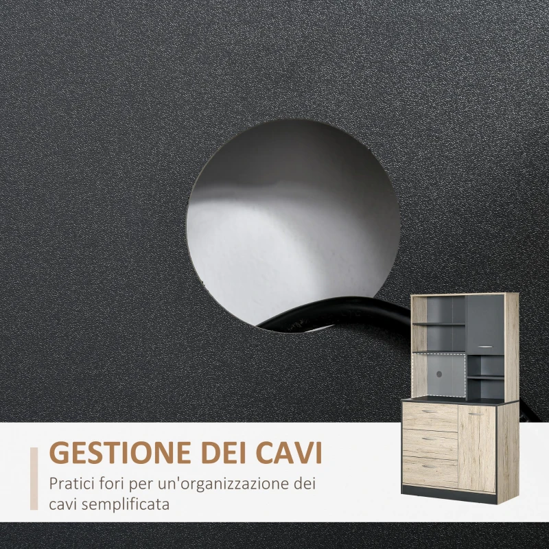 HOMCOM Mobile Cucina Credenza Moderna Salvaspazio con 2 armadietti 3 cassetti 3 ripiani Legno 90 x 39 x 169cm colore Grigio Rovere Chiaro