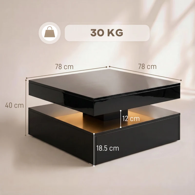 HOMCOM LED Coffee Table with Storage, 2-Tier Modern Centre Table with Open Shelf and Remote for Living Room, High Gloss Black