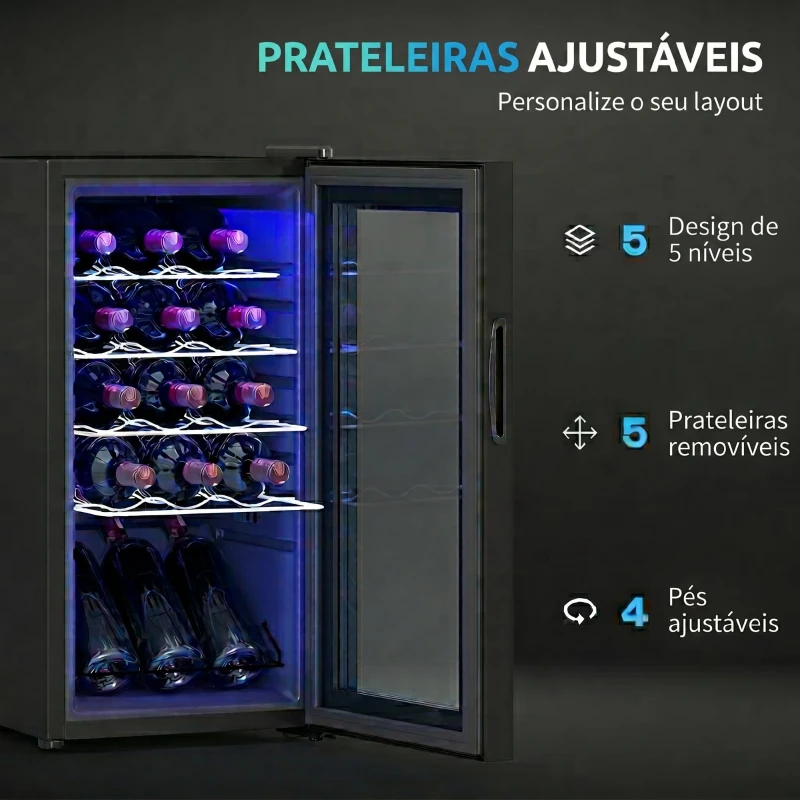 HOMCOM Frigider pentru Vin 15 Sticle, Capacitate 44L, cu Control Temperatură și Rafturi Reglabile, Negru