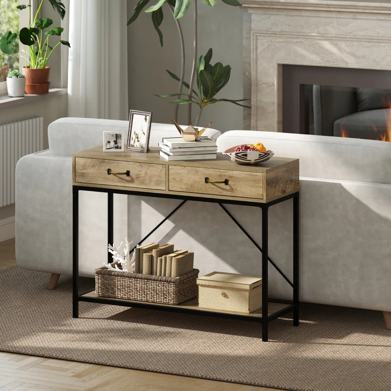 HOMCOM Mesa Consola Industrial Mesa de Sofá com 2 Gavetas e Prateleira para Entrada com Pés de Metal Castanho e Preto