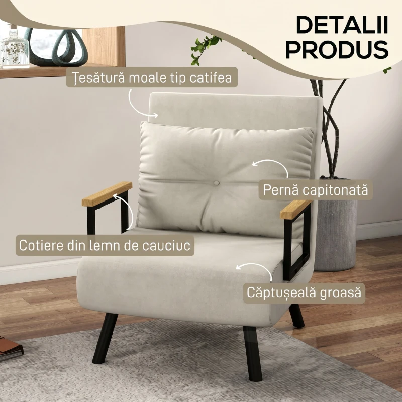 HOMCOM Fotoliu Pat 3 în 1 cu Spătar Reglabil și Pernă, din Material cu Efect de Catifea, 63x73x81 cm, Crem(m-6)
