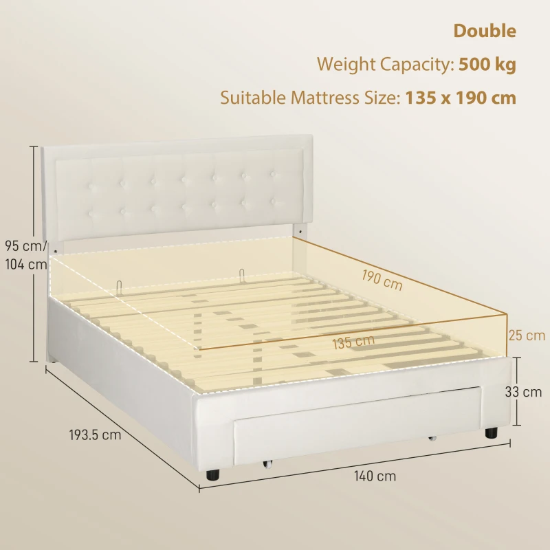 HOMCOM 4ft6 Double Ottoman Bed Frame, with Front Drawer - Cream