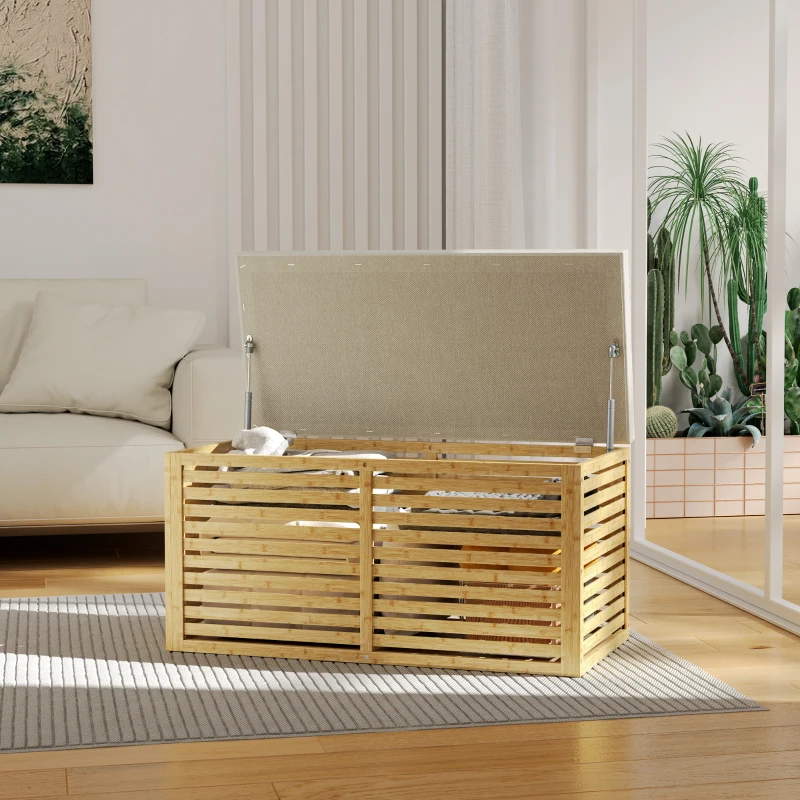 HOMCOM Baú de Arrumação para Dormitório 122L Estofado em Linho Sintético com Almofada Estrutura de Bambu 90x42x43 cm Cinza e Madeira
