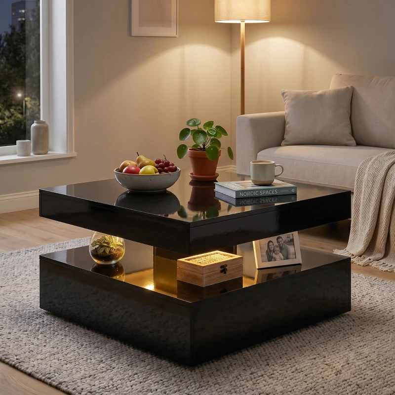 HOMCOM LED Coffee Table with Storage, 2-Tier Modern Centre Table with Open Shelf and Remote for Living Room, High Gloss Black