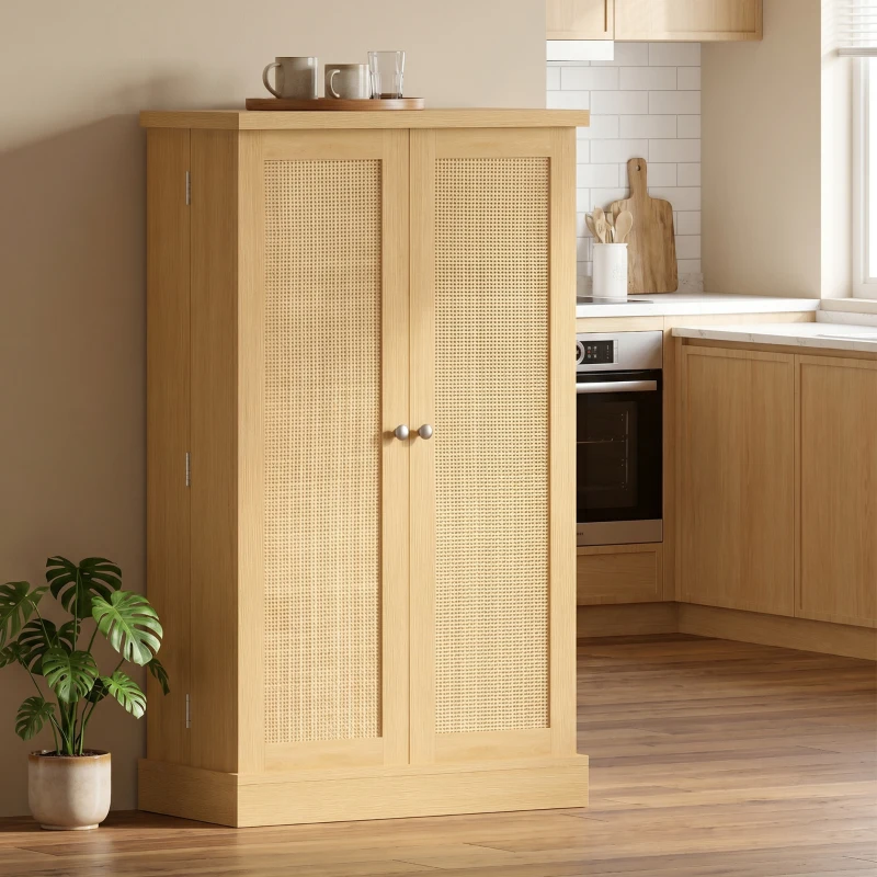 HOMCOM 104 cm Rattan-Küchenschrank mit 5-stufigem Regal, 12 Gewürzfächern und verstellbaren Böden, Natur