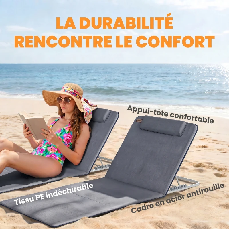 Outsunny Lot de 2 Tapis de Plage rembourré - lot de 2 Matelas de Plage - nattes de Plage - Dossier inclinable