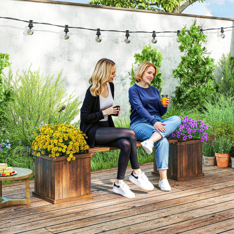 Outsunny Wooden Garden Planter & Bench Combination Garden Raised Bed Patio Park Carbonised Finish 176 x 38 x 40 cm