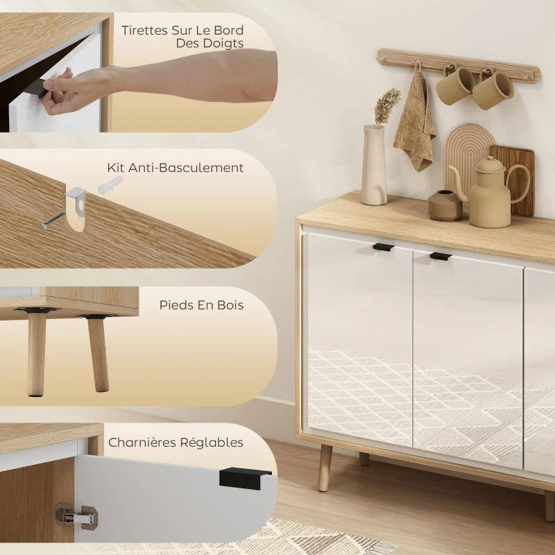 HOMCOM Buffet à haute brillance, meuble de rangement avec 4 portes, étagères réglables, 141 x 35 x 77 cm, blanc et chêne