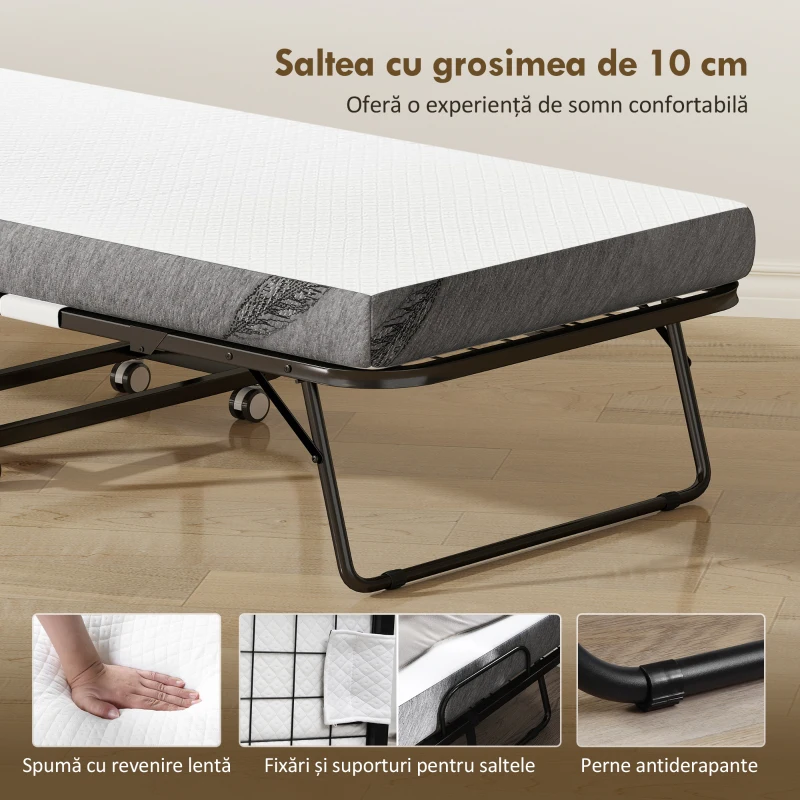 HOMCOM Pat pliabil single 90x200 cm cu saltea groasă de 10 cm, cadru metalic și roți cu frână, negru