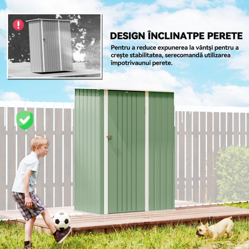 Outsunny Magazie pentru unelte din metal cu acoperiș înclinat și ușă cu încuietoare, 142x86x189 cm, verde deschis