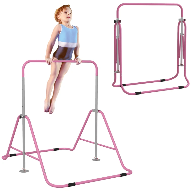 HOMCOM Bară de tracțiuni pliabilă pentru copii 3-8 ani, cu înălțime reglabilă din oțel, 154x106.2x88.5-128.5cm, roz