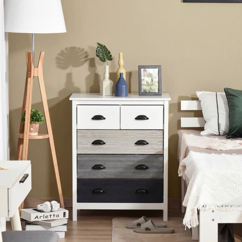 HOMCOM Sideboard, Kommode, 5 Schubladen, lackierte Oberfläche, MDF & Kiefernholz, 70 x 38 x 85 cm, Weiß