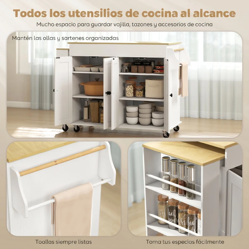 HOMCOM Isla de Cocina con Ruedas Encimera Extensible 4 Puertas Estantes Ajustables Especiero y Soporte para Toallas Blanco