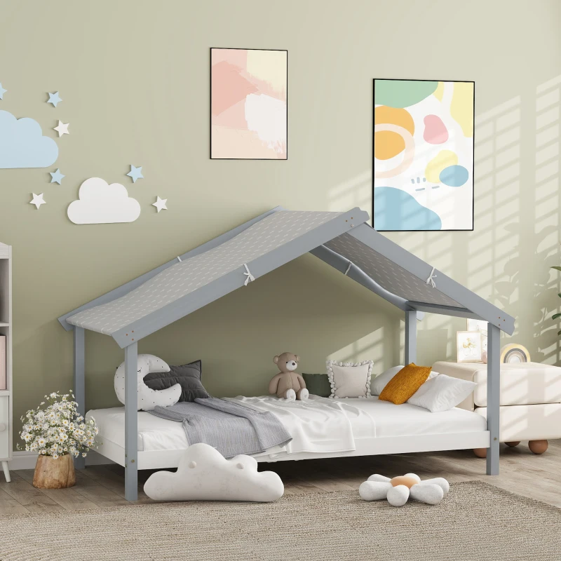 HOMCOM Letto a Casetta in Legno di Pino a 15 Doghe con Tetto Stellato in Tessuto, 213x100x140 cm, Grigio