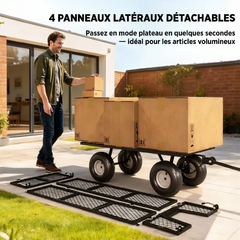 Outsunny Chariot de Jardin 300 kg, Chariot Remorque avec Bâche Amovible et Poignée Rotative à 180°, Parois Rabattables, Vert