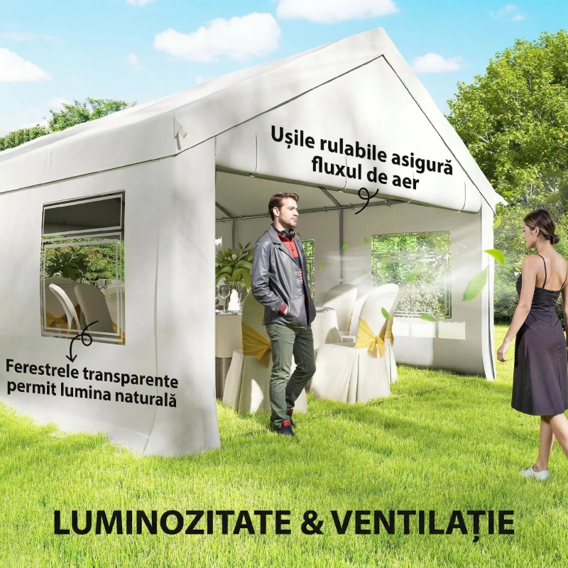 Outsunny Cort Petreceri, Pavilion Grădină cu Pereți Laterali, 2 Uși Fermoar și 6 Ferestre, 4x6 m, Oțel Galvanizat, Alb