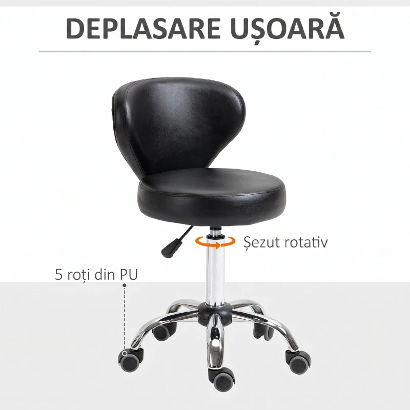 HOMCOM Taburet Rotativ 360° Reglabil, Taburet Cosmetic cu Spătar, din Oțel și Piele Ecologică, Negru