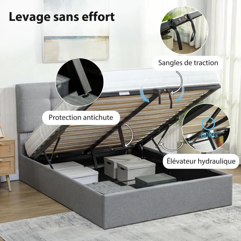 HOMCOM Lit coffre 140x190, cadre de lit double rembourré avec sommier à lattes en bois et rangement cach, sans matelas, gris