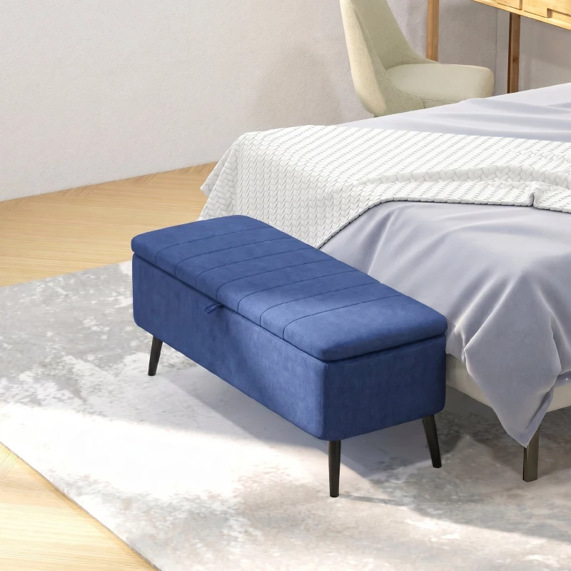 HOMCOM Pouf de 102 cm cu Spațiu de Depozitare, Material Textil cu Efect de In, Bancă pentru Dormitor și Living, Picioare din Oțel, Albastru Închis