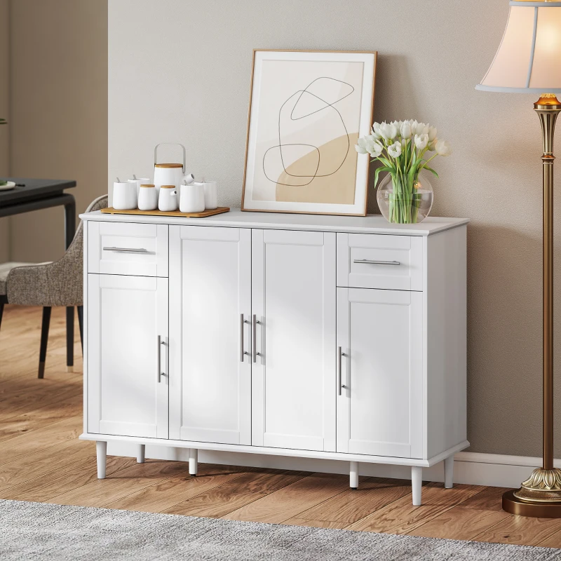 HOMCOM Comodă Buffet Elegantă cu 2 Sertare și 3 Dulapuri cu Rafturi Reglabile, din Lemn, 120x38x86 cm, Alb
