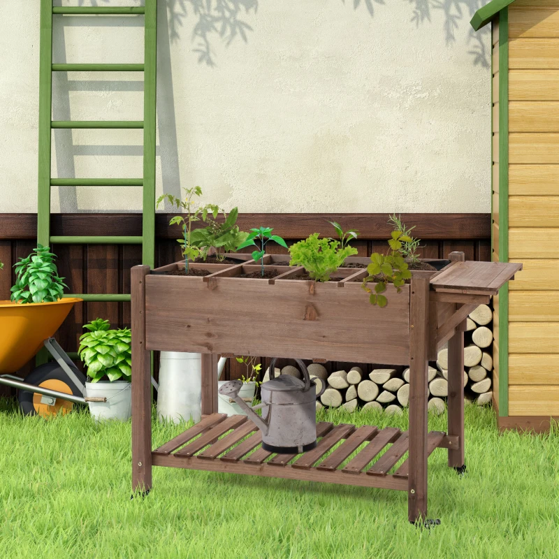 Outsunny Raised Garden Bed Planter Box w/ 8 Grow Grids, Storage Shelf & Lockable Wheels