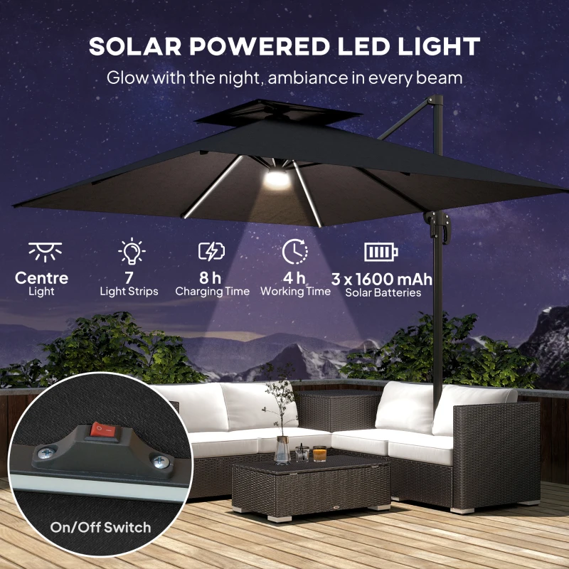 Outsunny 2.5m Cantilever Parasol with Solar Powered LED Lights, 360° Rotation, Tilt Adjustment, Crank Handle, Dark Grey