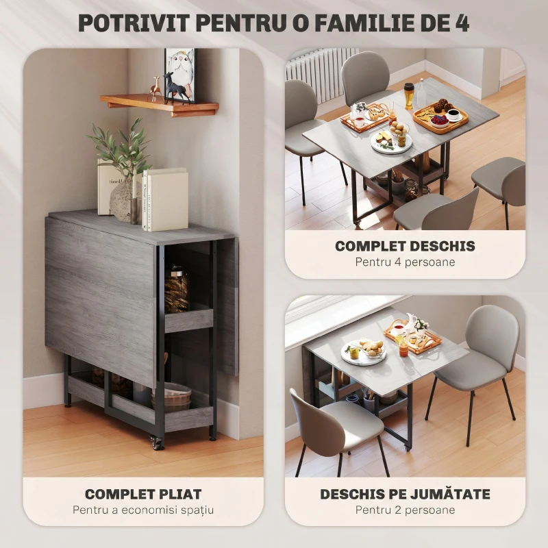 HOMCOM Masă Pliabilă cu 2 Extensii pentru 4 Persoane cu 2 Rafturi Deschise, din Lemn și Metal, 133.4x80x75 cm, Gri