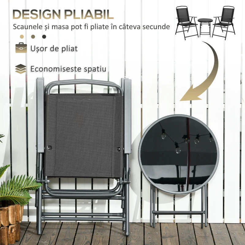 Outsunny Set de Grădină 3 Piese cu 2 Scaune 53,5x64x93 cm și Măsuță de Cafea Ø45x50 cm, din Metal, Negru