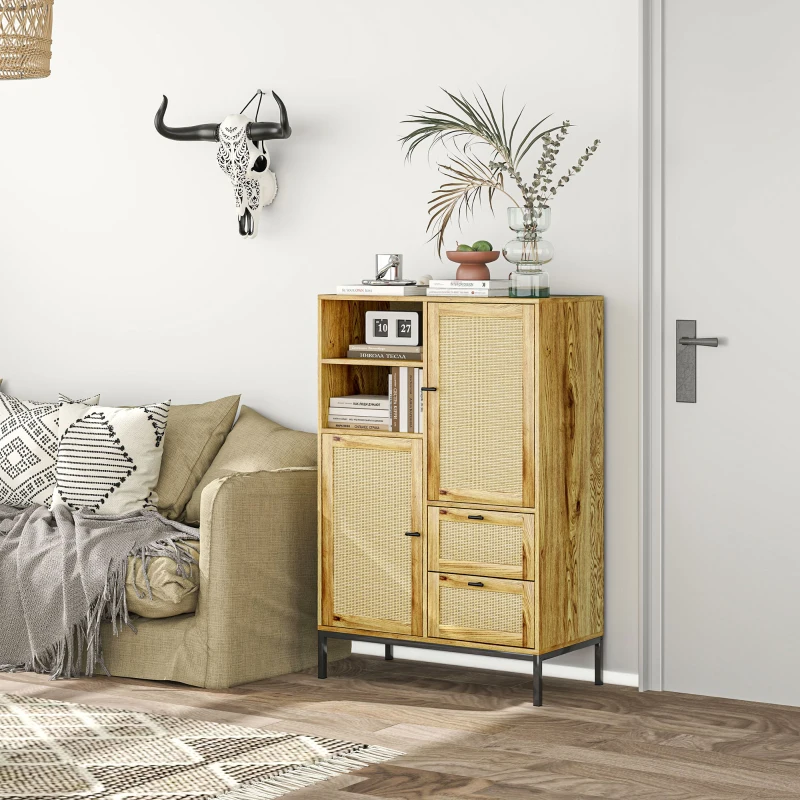 HOMCOM Aufbewahrungsschrank, Flexible Kommode mit Rattan-Türen, Schubladen und verstellbaren Regalen, 80B x 40T x 120H cm