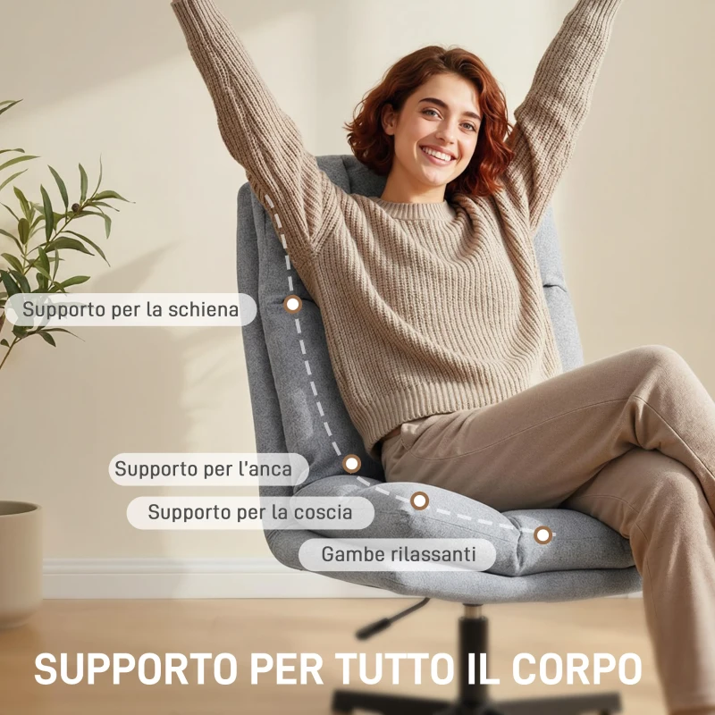 HOMCOM Sedia per Soggiorno Girevole in Tessuto Effetto Lino e Metallo, 63x75x92-102 cm, Grigio Chiaro