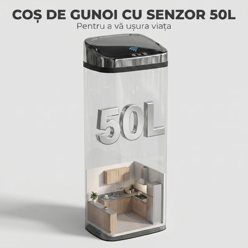 HomCom cos de gunoi din inox cu senzor si infrarosu, 50L | Aosom Ro(m-15)