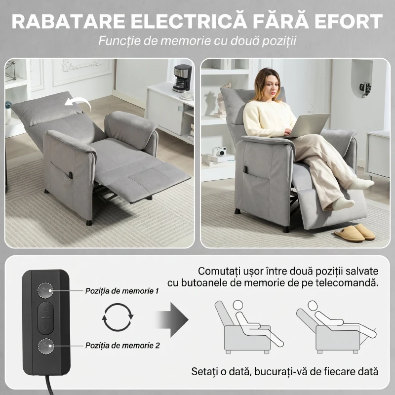 HOMCOM Fotoliu Electric Rabatabil cu Telecomandă și Suport pentru Picioare, din Țesătură cu Aspect de Catifea, 80x83x104 cm, Gri