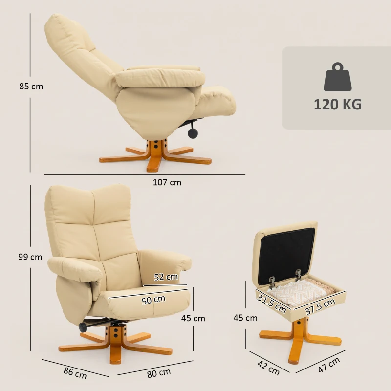 HOMCOM PU Leather Swivel Recliner Chair with Footstool, Wooden Base and Storage for Living Room, Beige