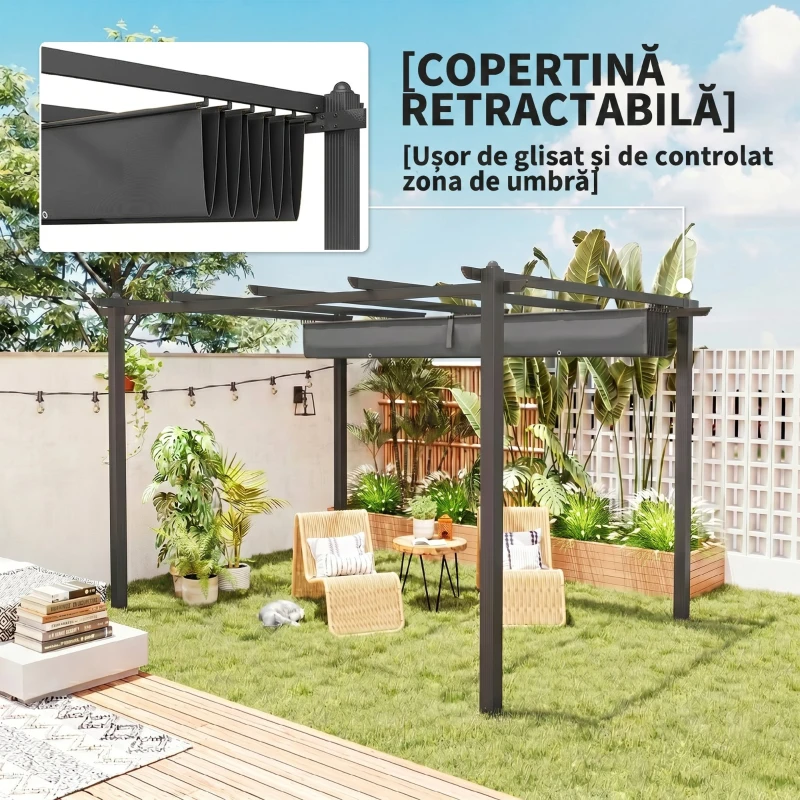 Outsunny Pergolă Gazebo 4x3 m cu 8 orificii de drenaj, din aluminiu, metal și poliester, gri închis