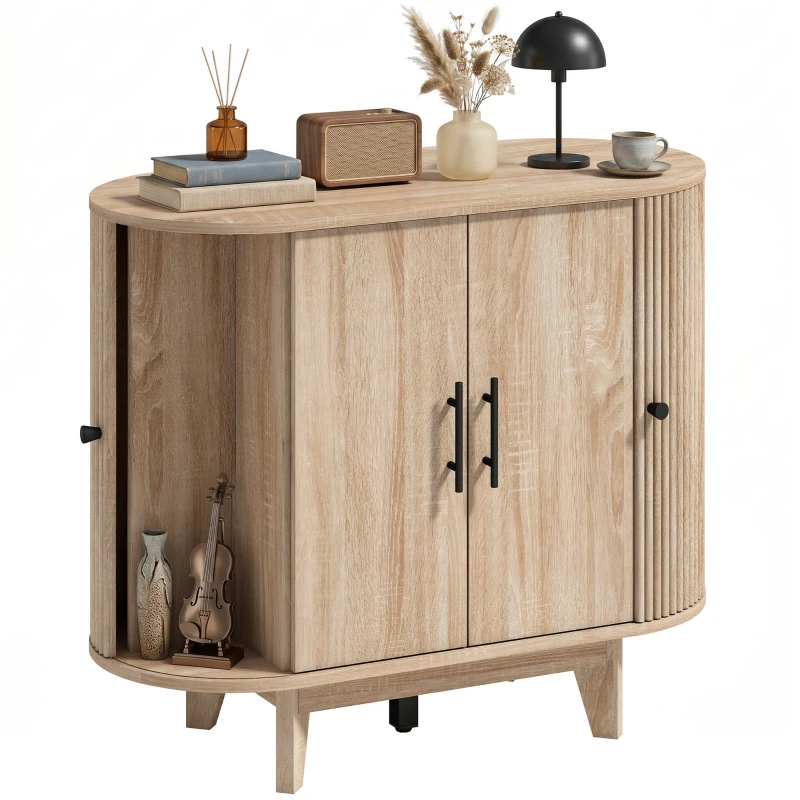 HOMCOM Buffet salon, meuble de rangement ovale avec 4 portes et étagère réglable, 90 x 40 x 76 cm, chêne
