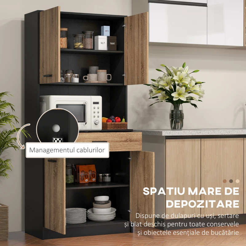 HOMCOM Bufet de Bucătărie din Lemn cu 2 Dulapuri cu Uși Duble și Sertar, 80x40x180 cm, Negru și culoare Lemn