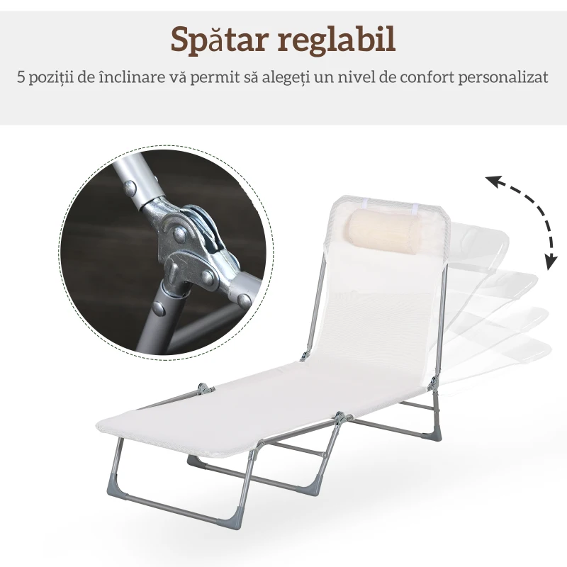 Outsunny Șezlong Pliabil cu Spătar Reglabil în 5 Poziții și Pernă, Șezlong de Grădină cu Material Textil Respirabil, pentru Plajă, Piscină, Grădină, 182x56x28 cm, Crem