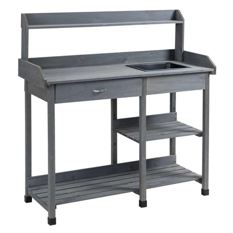 Outsunny Table de rempotage multi-équipée table de jardinage avec tiroir, 3 étagères, évier, 3 crochets - table de plantation bois sapin pré-huilé gris