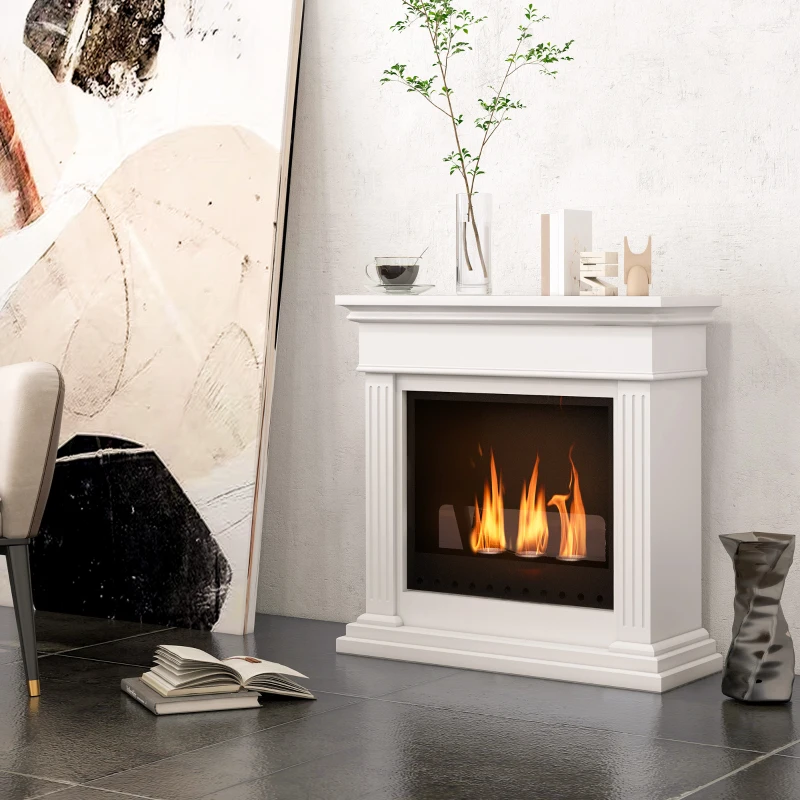 HOMCOM Biocamin cu 3 Arzătoare de 0,4L, Panou de Sticlă și Acoperire de 18㎡, 76x28x76cm, Alb