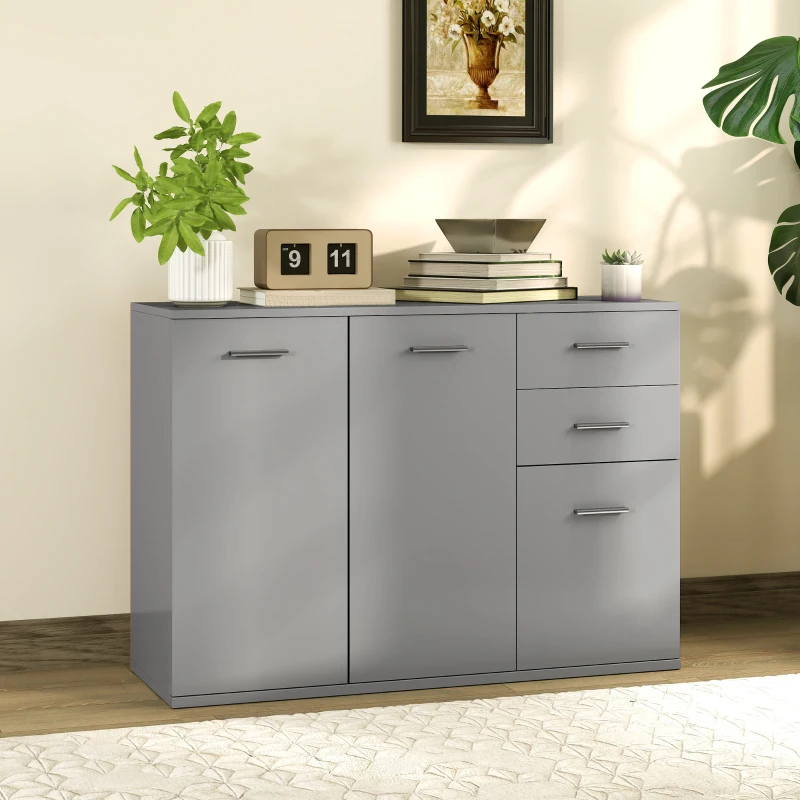 HOMCOM Bufet Modern cu 3 Dulapuri și 2 Sertare, din Lemn, 106x35x76 cm, Gri Deschis